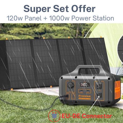 Flexsolar 1000w Power Station + 120w Foldable Solar Panel Camping Package Motorhome